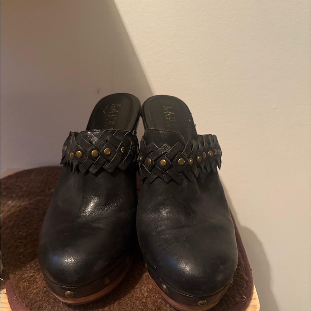 Ralph Lauren Black Leather Mules with Brass Accents